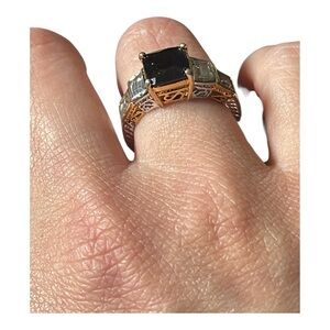 Dark Navy&Gold Art Deco Ring with Intricate Filigree- stunning costume Vintage!